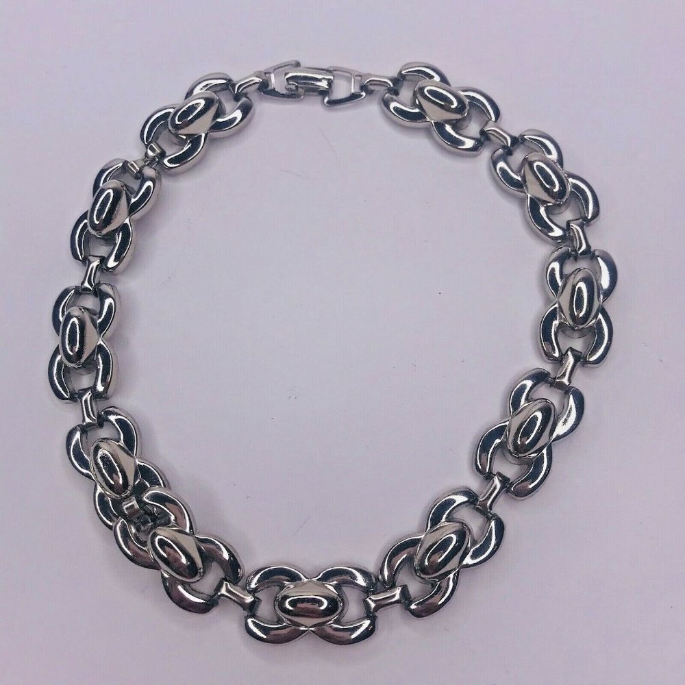 Solid Heavy Silver Tone Link Necklace Choker Coll… - image 1